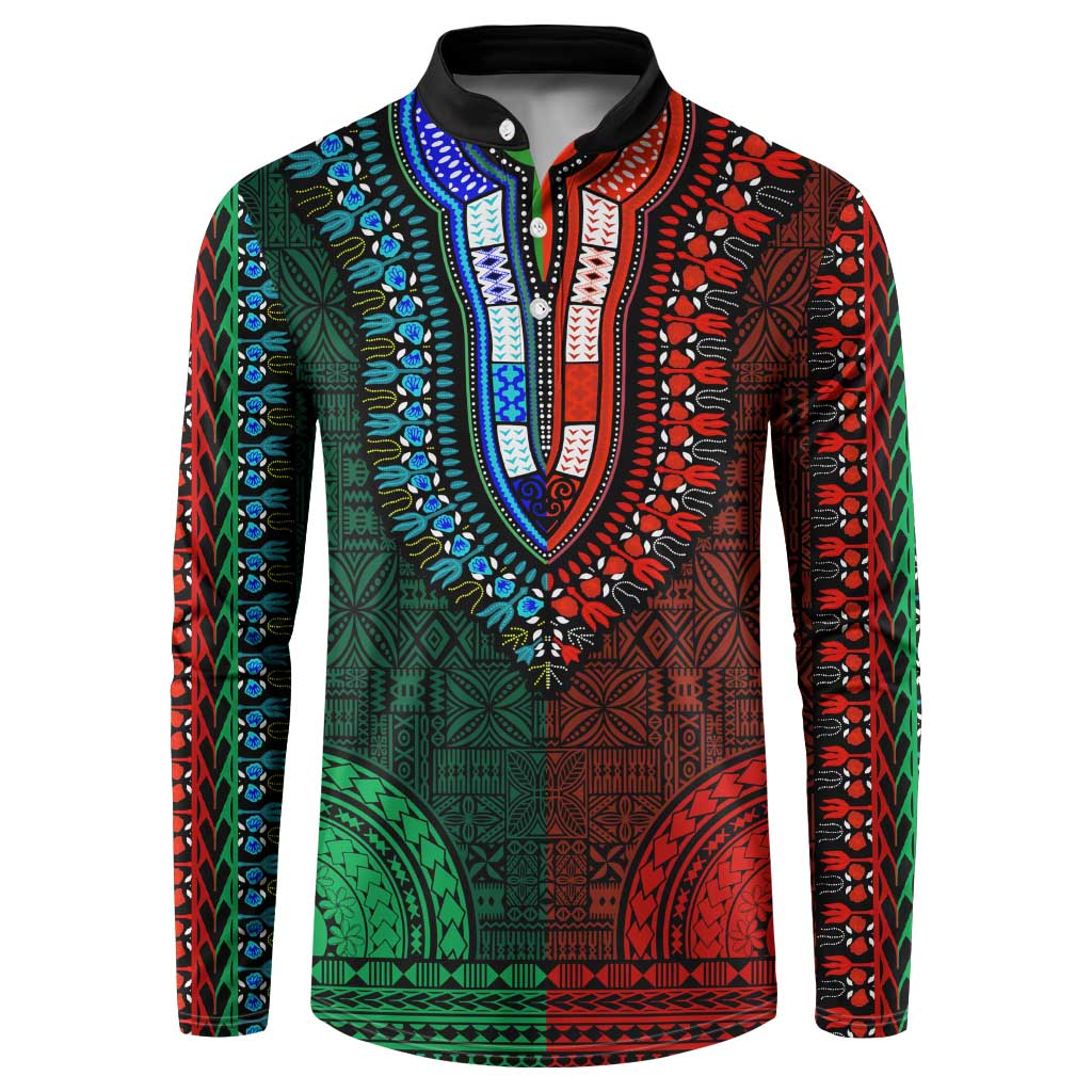 Green-red Dashiki and Tapa Pattern Button Sweatshirt Africa-Polynesia Together Culture