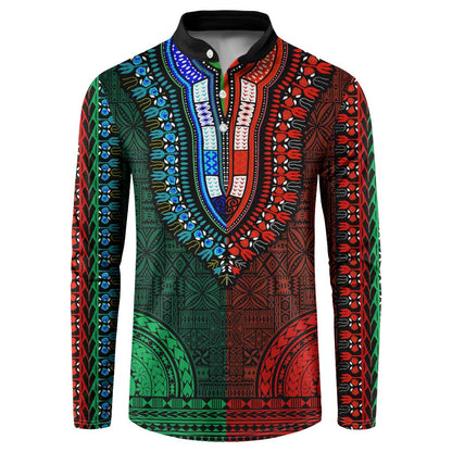 Green-red Dashiki and Tapa Pattern Button Sweatshirt Africa-Polynesia Together Culture