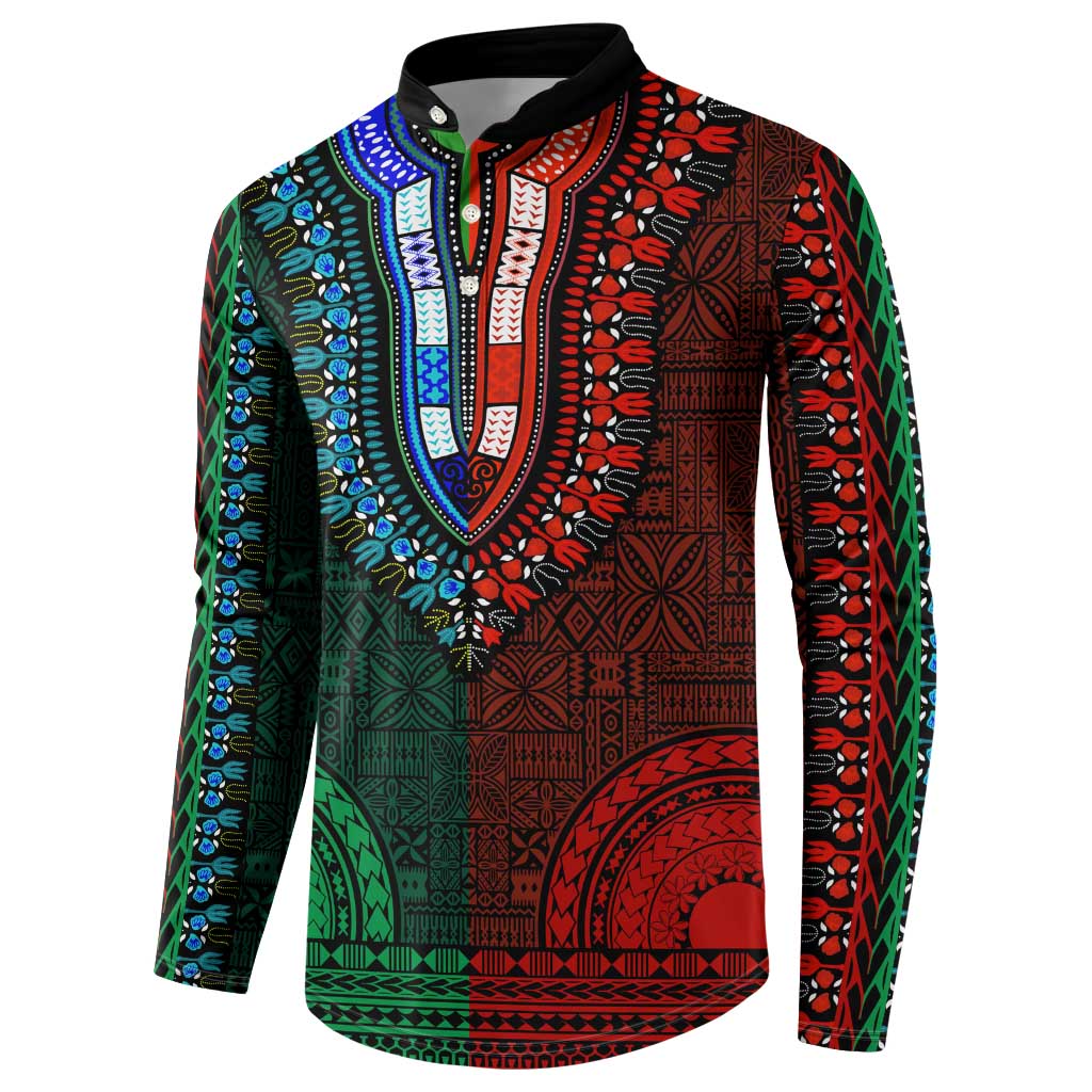 Green-red Dashiki and Tapa Pattern Button Sweatshirt Africa-Polynesia Together Culture