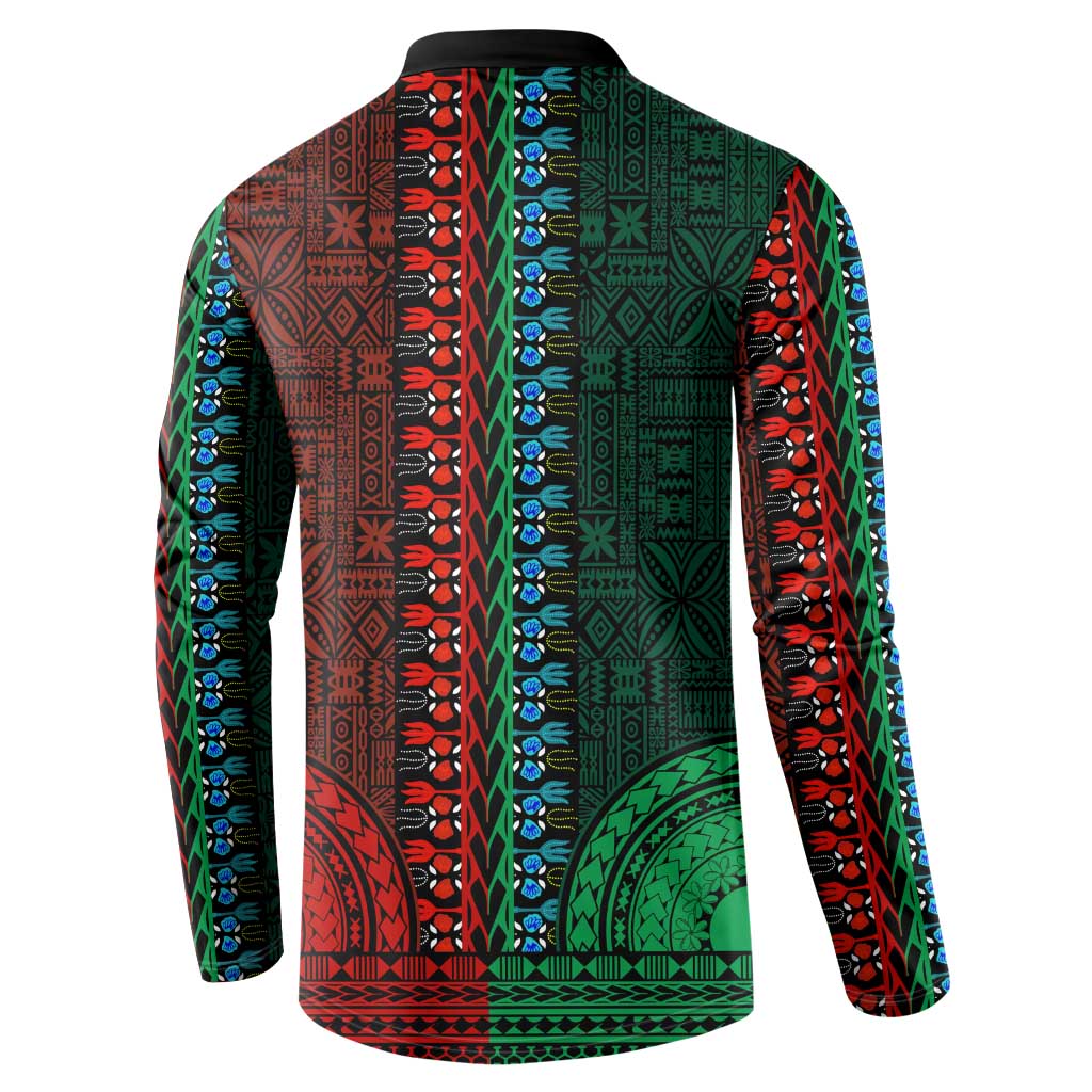 Green-red Dashiki and Tapa Pattern Button Sweatshirt Africa-Polynesia Together Culture