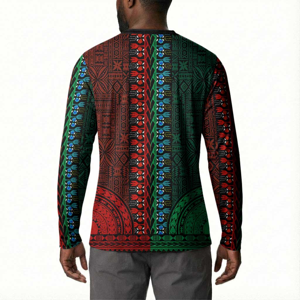 Green-red Dashiki and Tapa Pattern Button Sweatshirt Africa-Polynesia Together Culture
