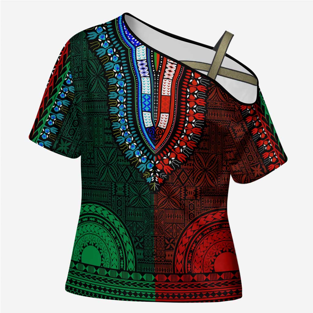 Green-red Dashiki and Tapa Pattern Cross Shoulder Shirt Africa-Polynesia Together Culture