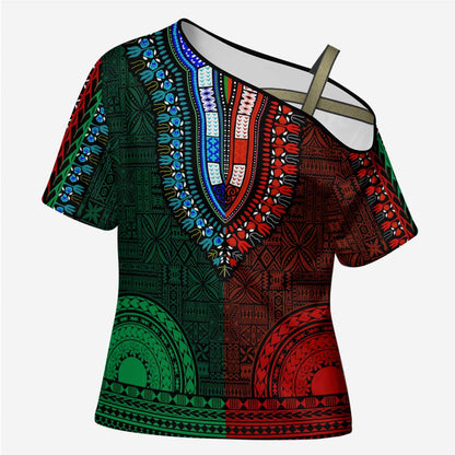 Green-red Dashiki and Tapa Pattern Cross Shoulder Shirt Africa-Polynesia Together Culture