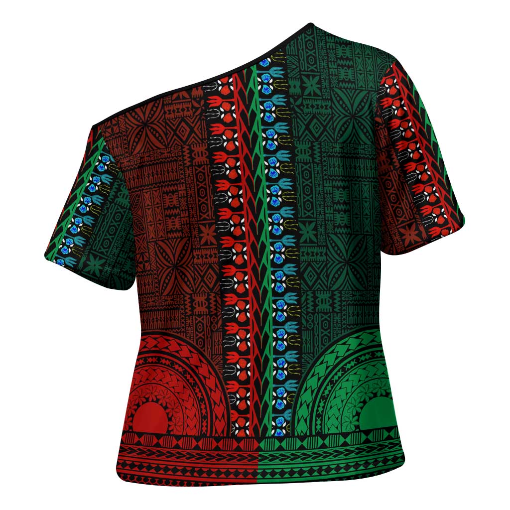 Green-red Dashiki and Tapa Pattern Cross Shoulder Shirt Africa-Polynesia Together Culture