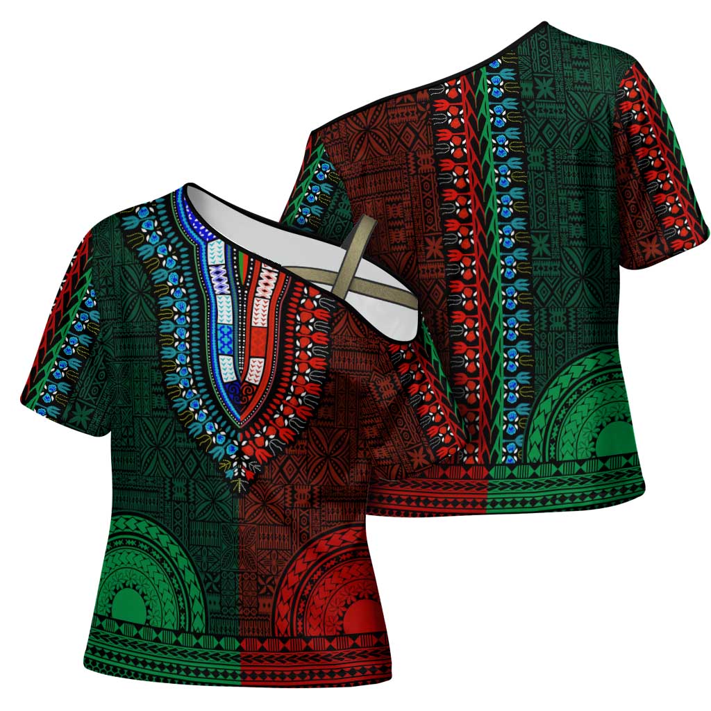 Green-red Dashiki and Tapa Pattern Cross Shoulder Shirt Africa-Polynesia Together Culture