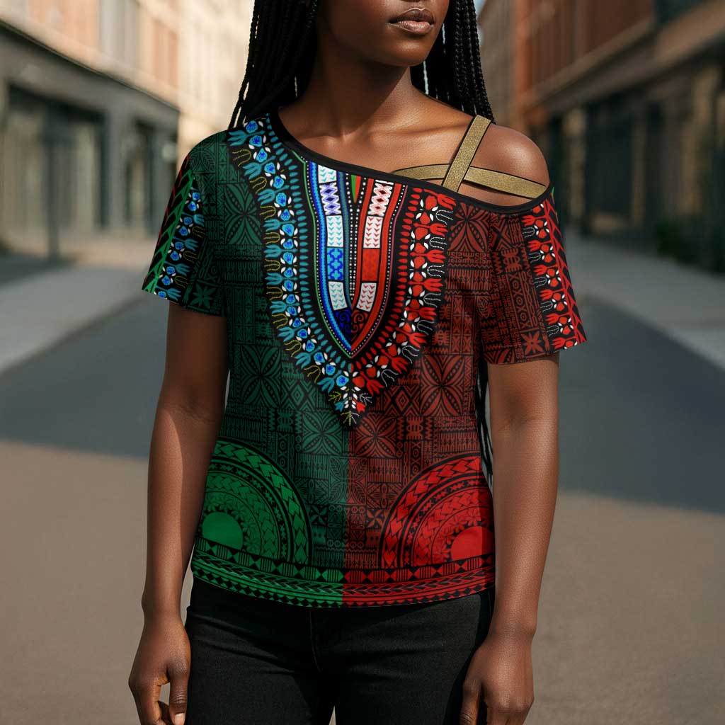 Green-red Dashiki and Tapa Pattern Cross Shoulder Shirt Africa-Polynesia Together Culture