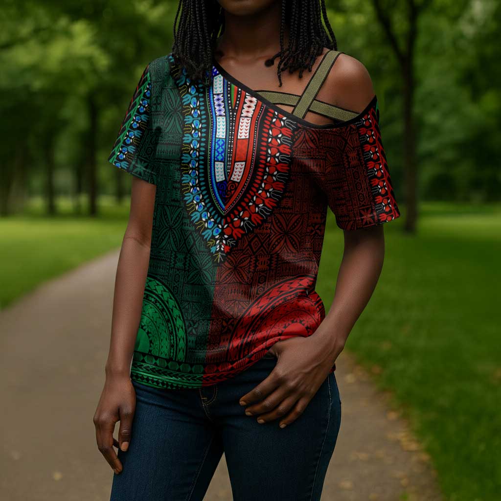 Green-red Dashiki and Tapa Pattern Cross Shoulder Shirt Africa-Polynesia Together Culture