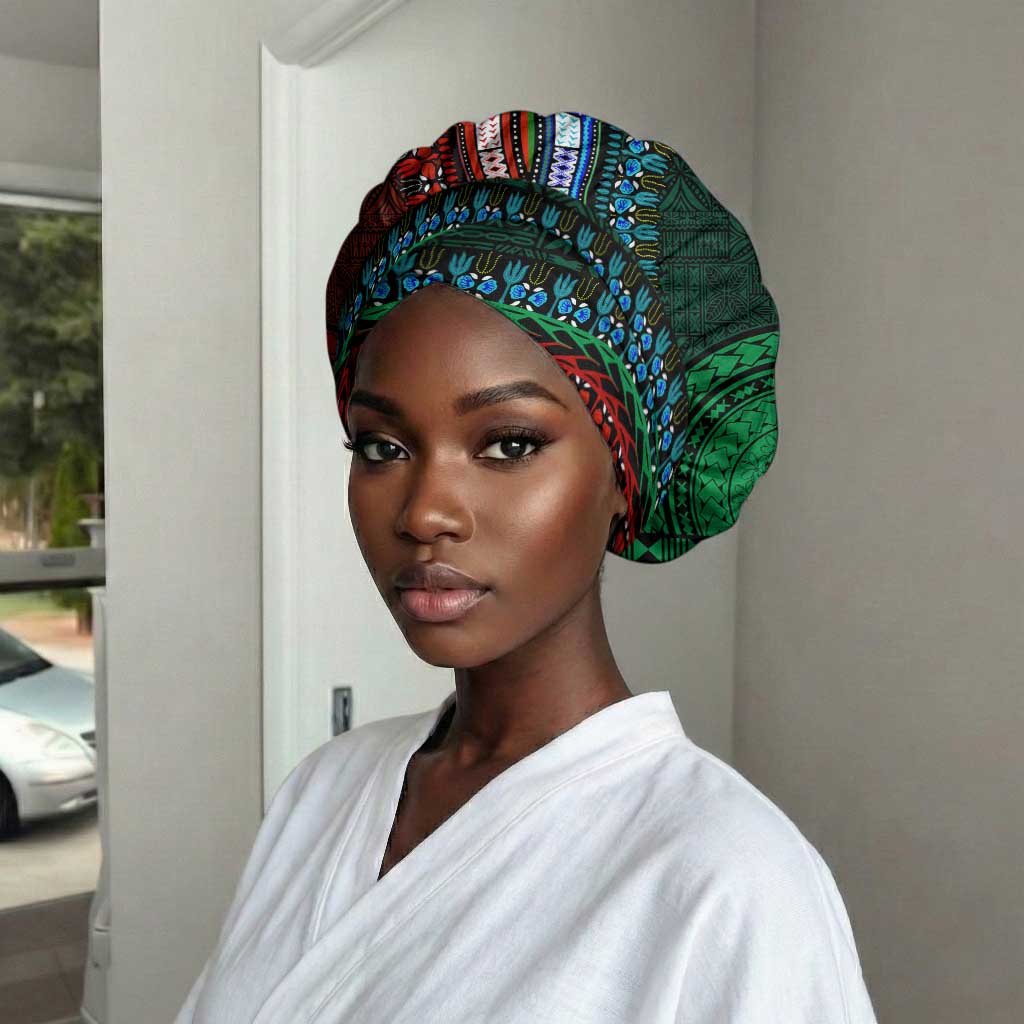 Green-red Dashiki and Tapa Pattern Easy Headwrap Africa and Polynesia Together Culture