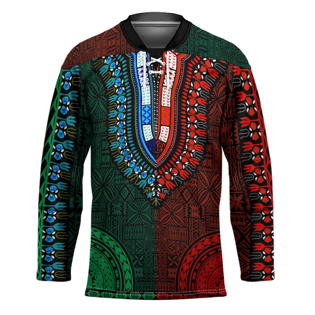 Green-red Dashiki and Tapa Pattern Hockey Jersey Africa-Polynesia Together Culture