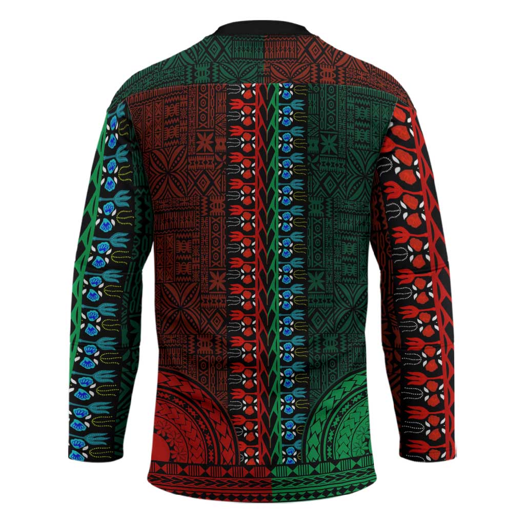Green-red Dashiki and Tapa Pattern Hockey Jersey Africa-Polynesia Together Culture
