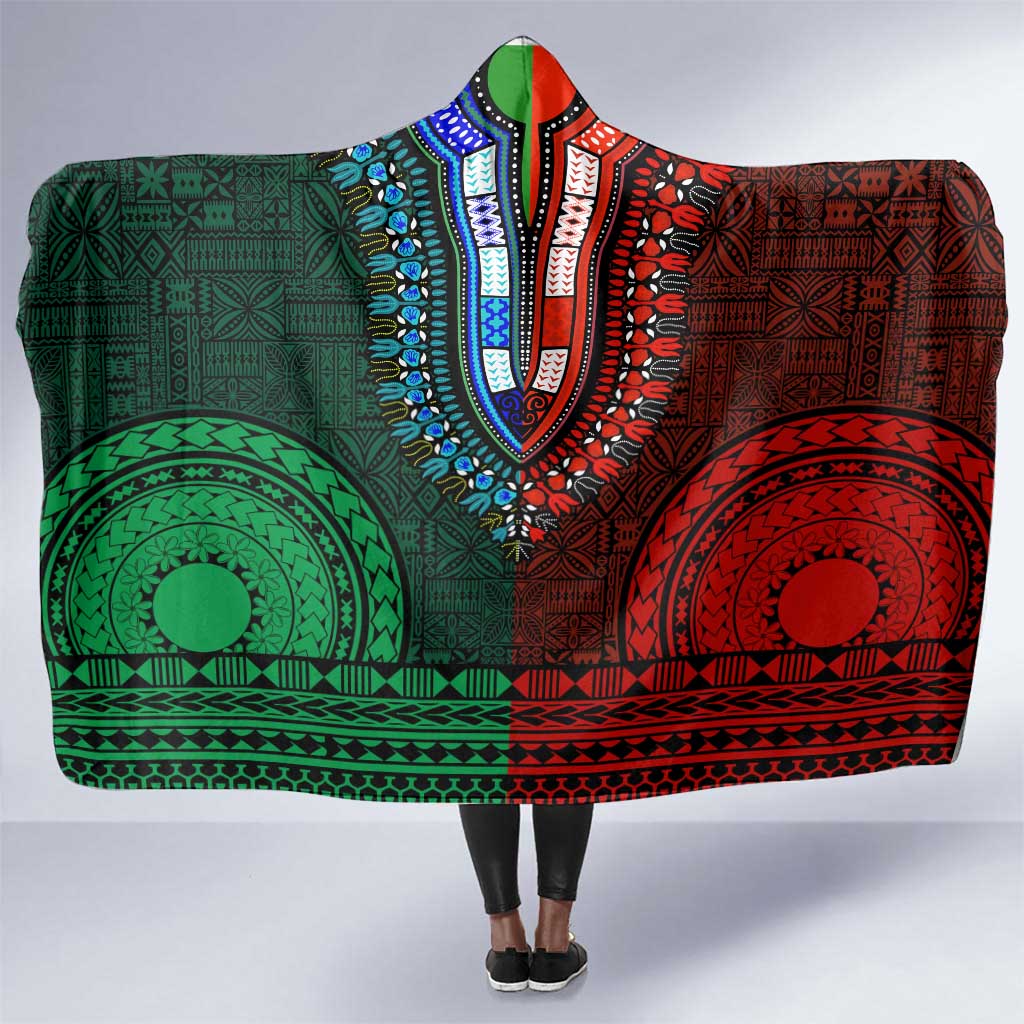 Green-red Dashiki and Tapa Pattern Hooded Blanket Africa-Polynesia Together Culture