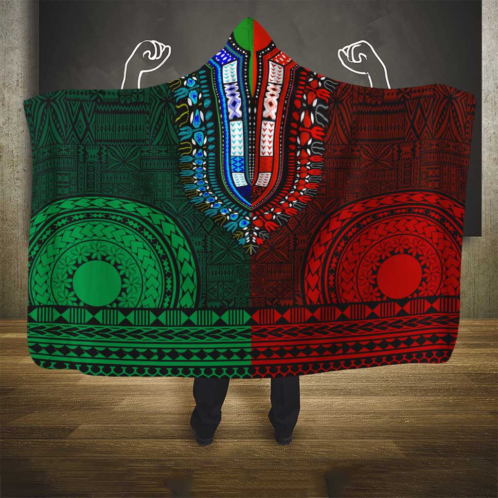 Green-red Dashiki and Tapa Pattern Hooded Blanket Africa-Polynesia Together Culture