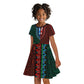 Green-red Dashiki and Tapa Pattern Kid Short Sleeve Dress Africa-Polynesia Together Culture
