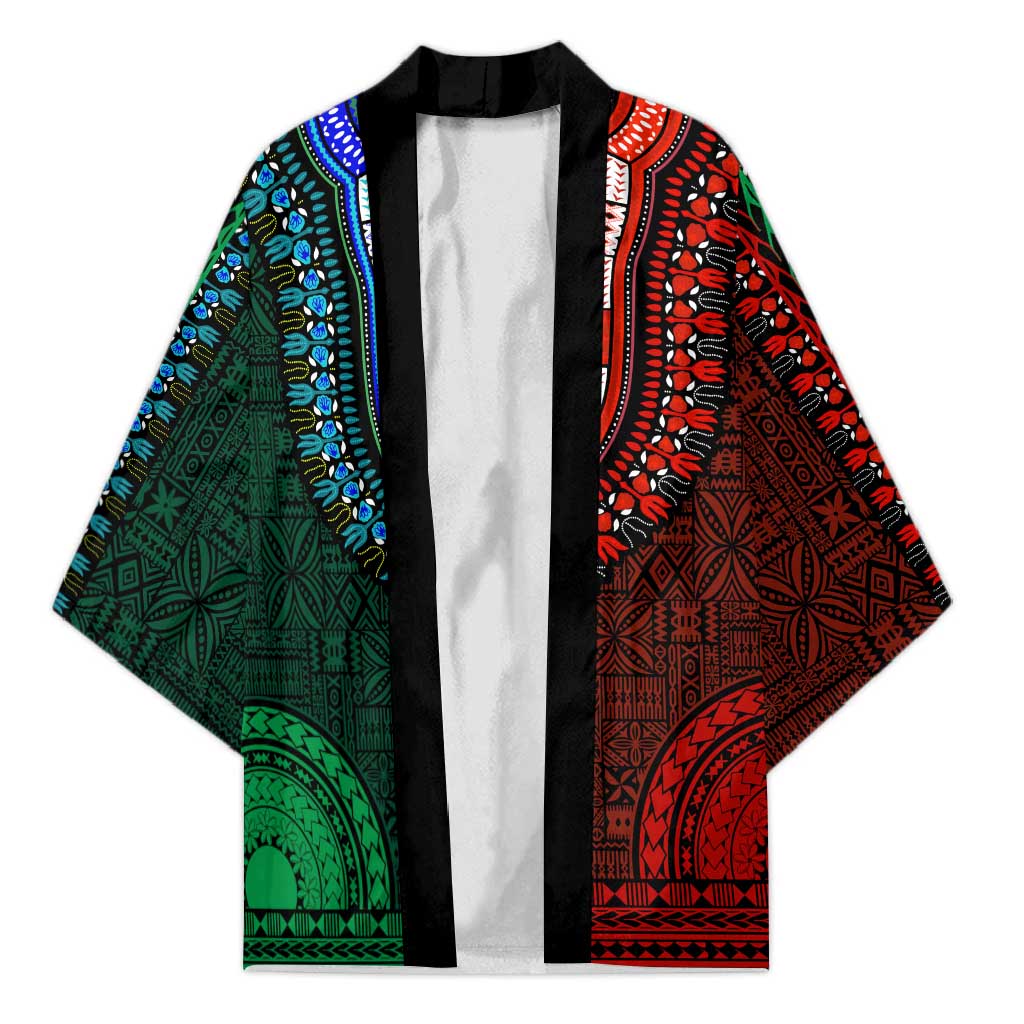 Green-red Dashiki and Tapa Pattern Kimono Africa-Polynesia Together Culture