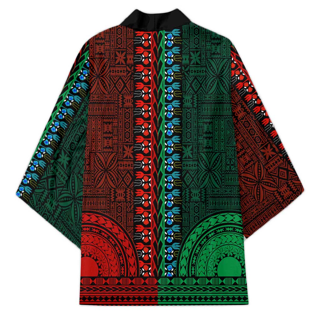 Green-red Dashiki and Tapa Pattern Kimono Africa-Polynesia Together Culture