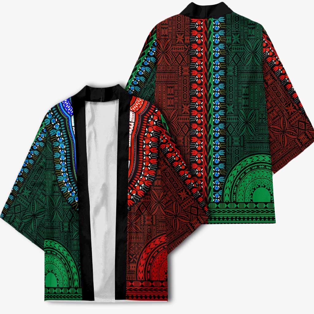 Green-red Dashiki and Tapa Pattern Kimono Africa-Polynesia Together Culture
