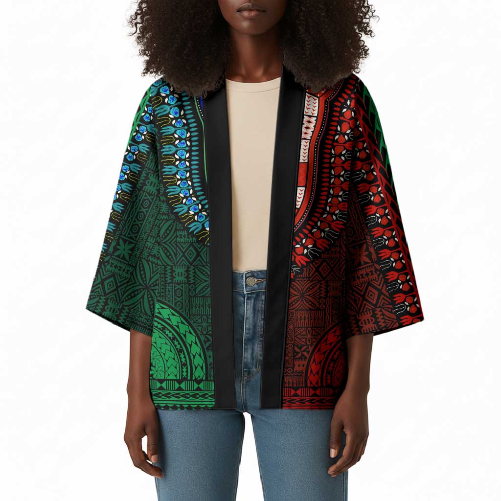 Green-red Dashiki and Tapa Pattern Kimono Africa-Polynesia Together Culture