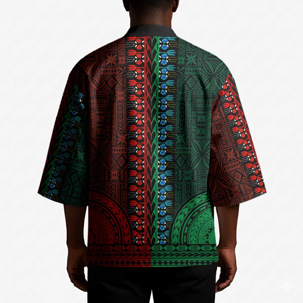 Green-red Dashiki and Tapa Pattern Kimono Africa-Polynesia Together Culture