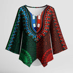 Green-red Dashiki and Tapa Pattern Kimono Sleeve Blouse Africa-Polynesia Together Culture