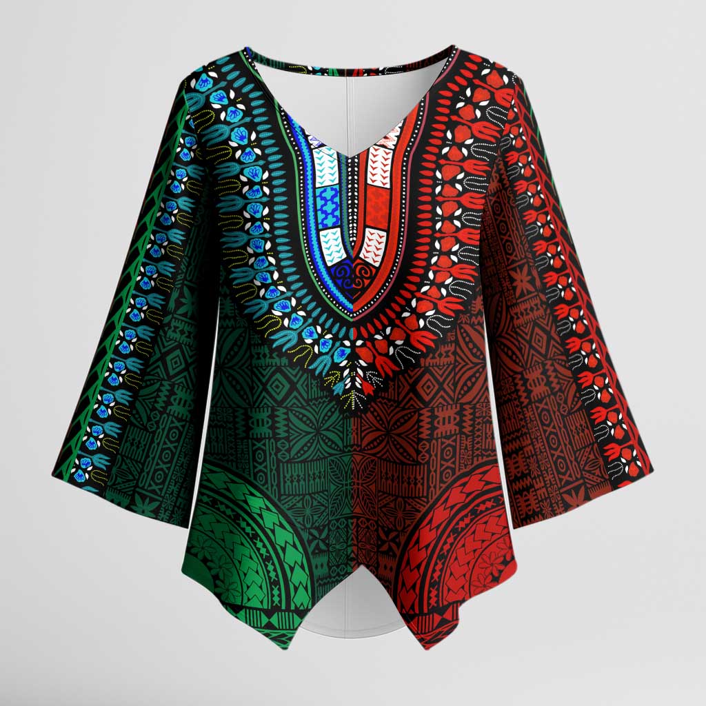 Green-red Dashiki and Tapa Pattern Kimono Sleeve Blouse Africa-Polynesia Together Culture