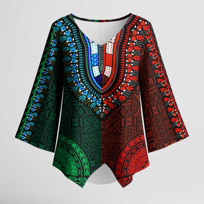 Green-red Dashiki and Tapa Pattern Kimono Sleeve Blouse Africa-Polynesia Together Culture