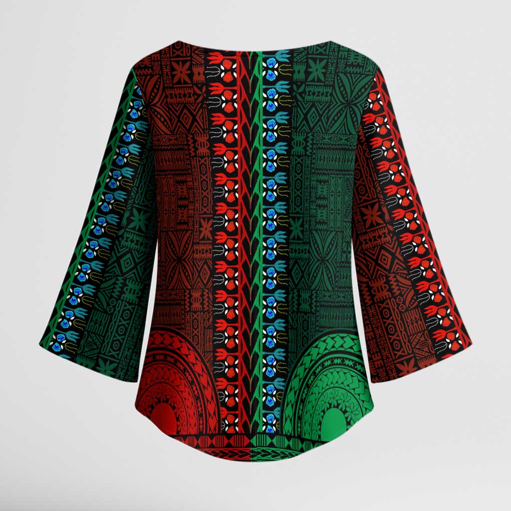 Green-red Dashiki and Tapa Pattern Kimono Sleeve Blouse Africa-Polynesia Together Culture