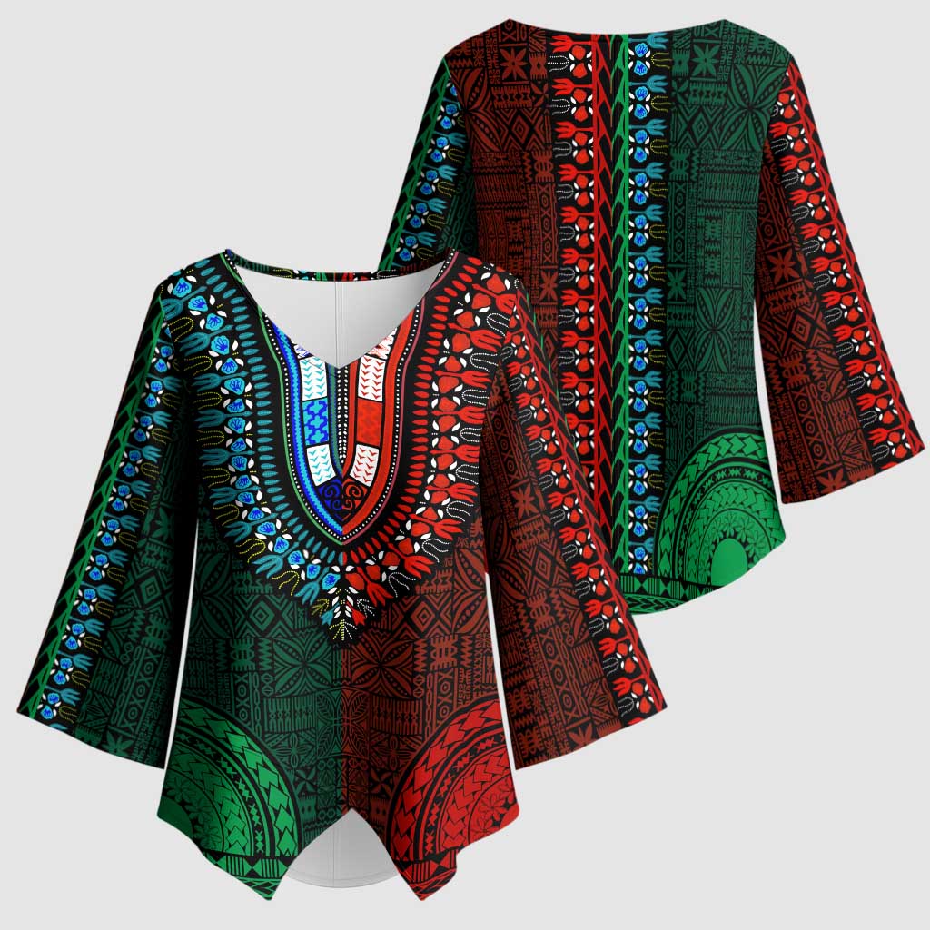Green-red Dashiki and Tapa Pattern Kimono Sleeve Blouse Africa-Polynesia Together Culture