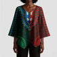 Green-red Dashiki and Tapa Pattern Kimono Sleeve Blouse Africa-Polynesia Together Culture