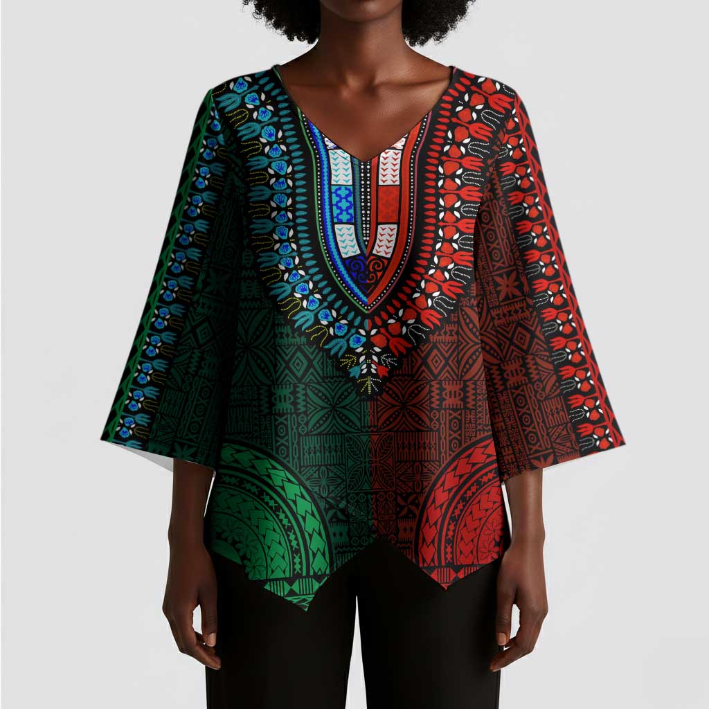 Green-red Dashiki and Tapa Pattern Kimono Sleeve Blouse Africa-Polynesia Together Culture