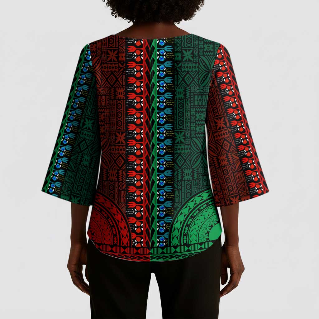 Green-red Dashiki and Tapa Pattern Kimono Sleeve Blouse Africa-Polynesia Together Culture