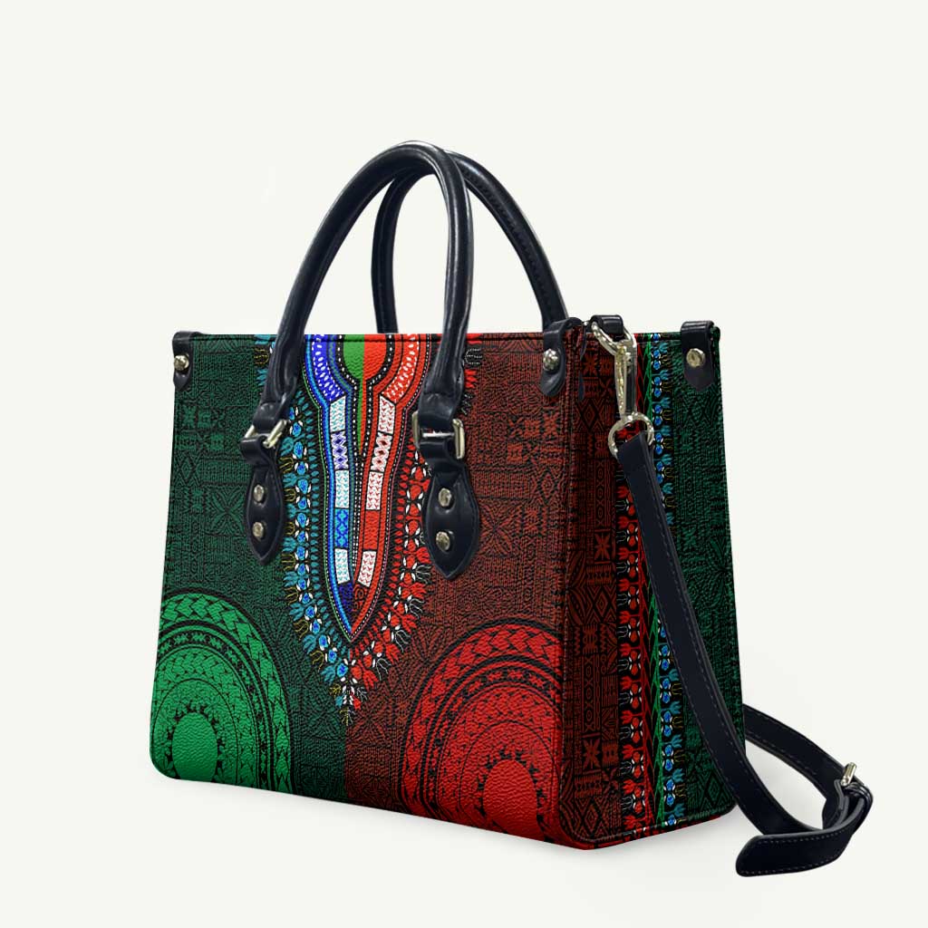 Green-red Dashiki and Tapa Pattern Leather Bag Africa-Polynesia Together Culture