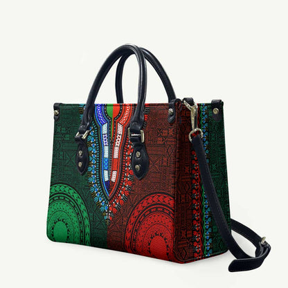 Green-red Dashiki and Tapa Pattern Leather Bag Africa-Polynesia Together Culture