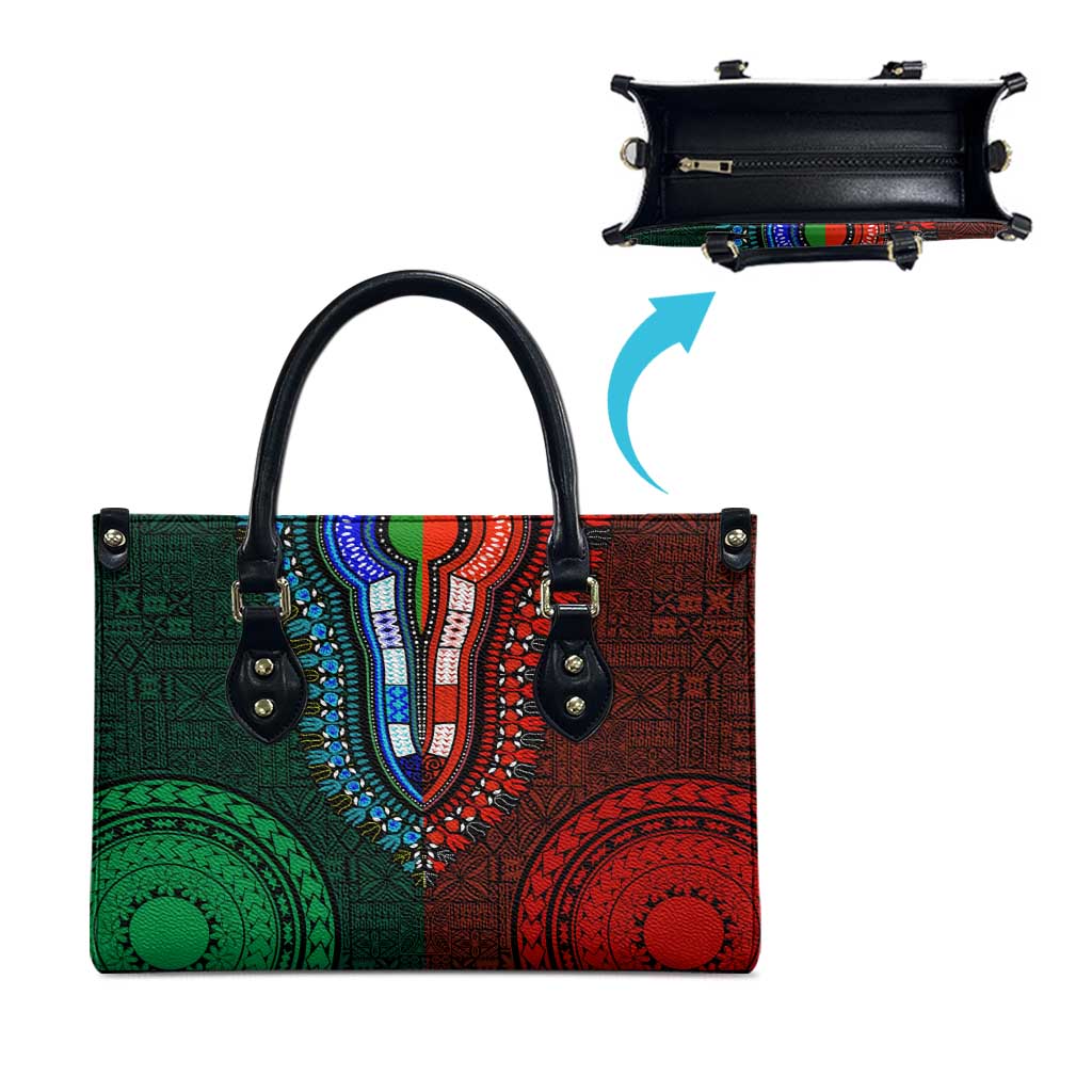 Green-red Dashiki and Tapa Pattern Leather Bag Africa-Polynesia Together Culture