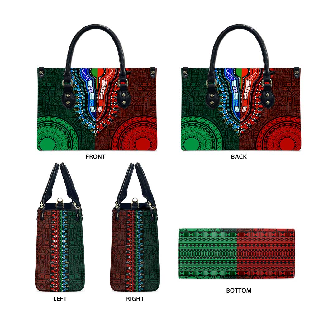 Green-red Dashiki and Tapa Pattern Leather Bag Africa-Polynesia Together Culture