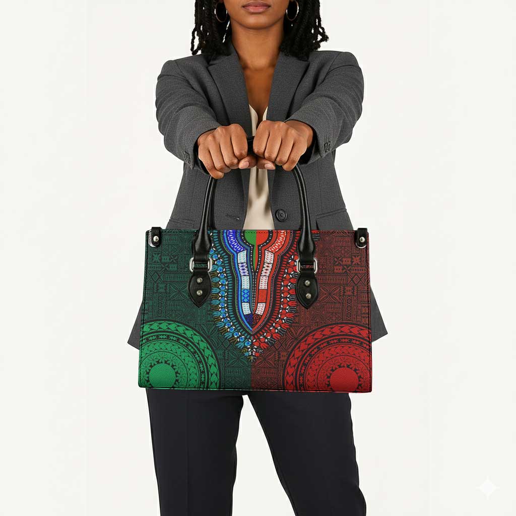 Green-red Dashiki and Tapa Pattern Leather Bag Africa-Polynesia Together Culture