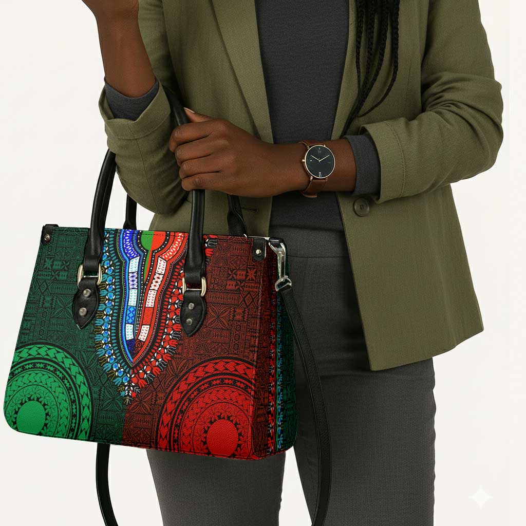 Green-red Dashiki and Tapa Pattern Leather Bag Africa-Polynesia Together Culture
