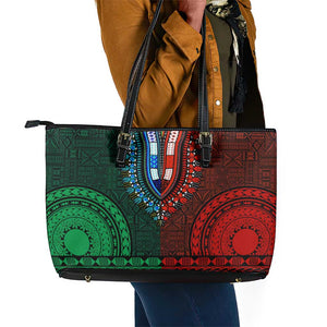 Green-red Dashiki and Tapa Pattern Leather Tote Bag Africa-Polynesia Together Culture