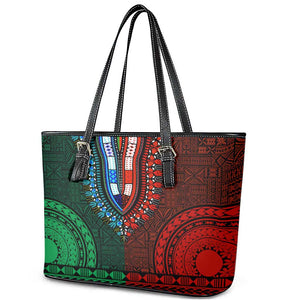 Green-red Dashiki and Tapa Pattern Leather Tote Bag Africa-Polynesia Together Culture