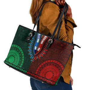 Green-red Dashiki and Tapa Pattern Leather Tote Bag Africa-Polynesia Together Culture