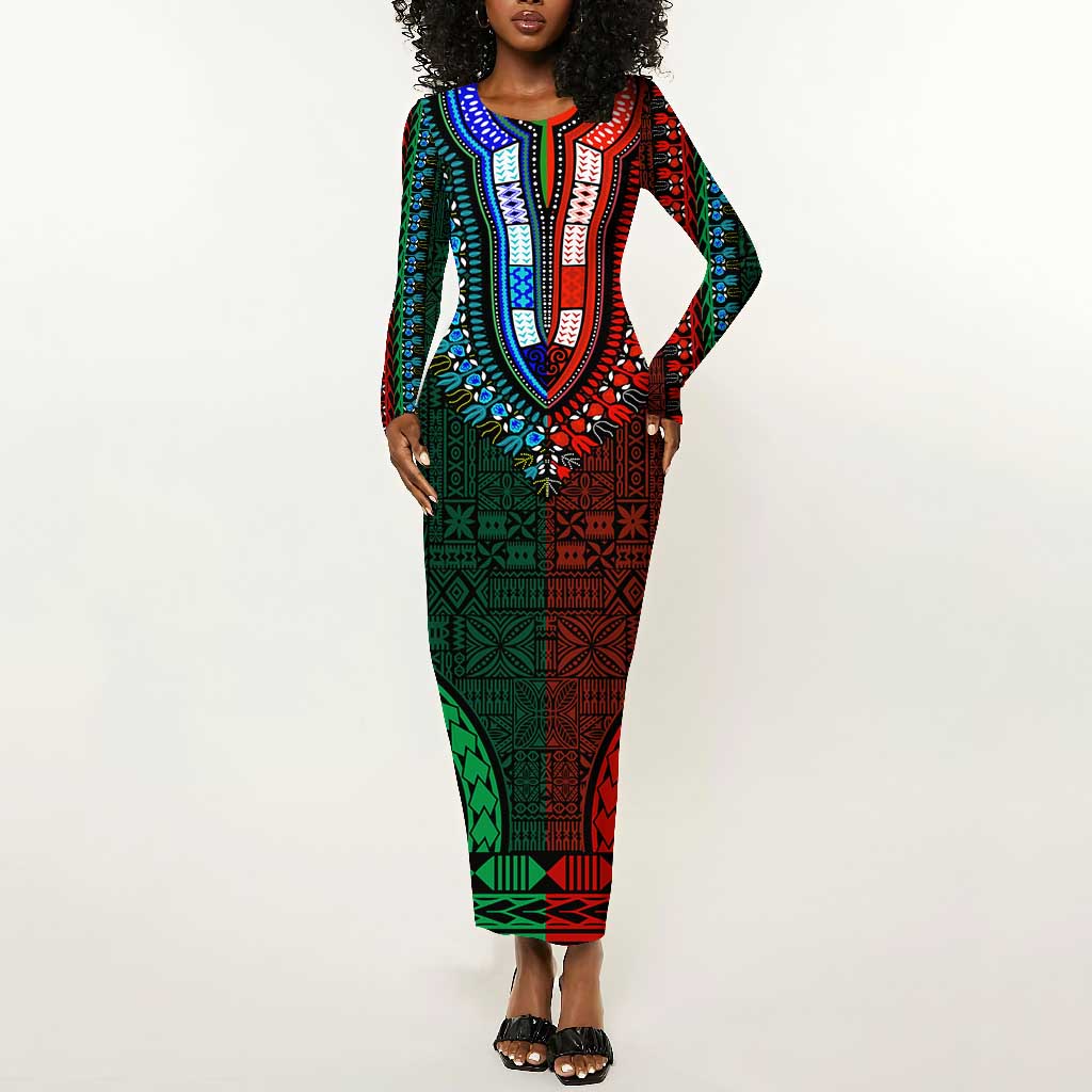 Green-red Dashiki and Tapa Pattern Long Sleeve Bodycon Dress Africa-Polynesia Together Culture