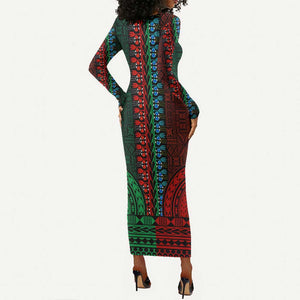 Green-red Dashiki and Tapa Pattern Long Sleeve Bodycon Dress Africa-Polynesia Together Culture