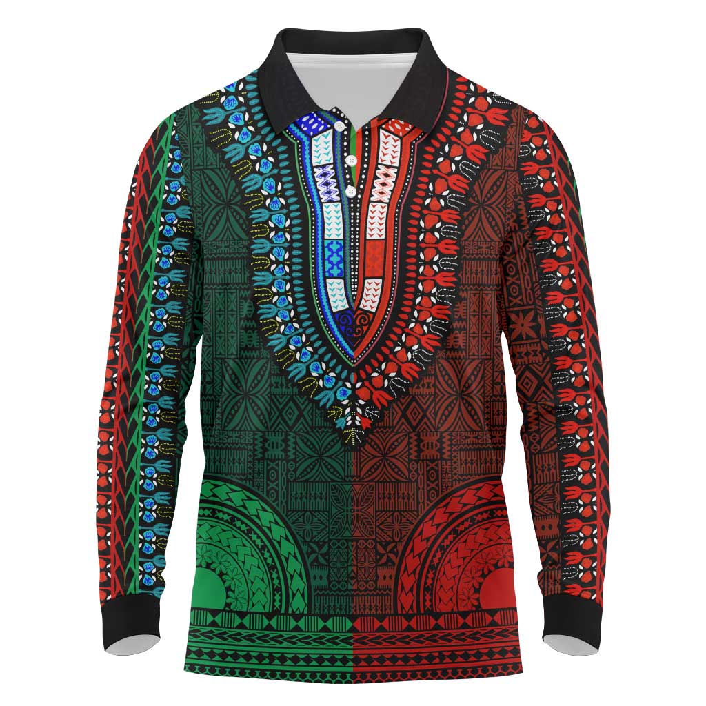 Green-red Dashiki and Tapa Pattern Long Sleeve Polo Shirt Africa-Polynesia Together Culture