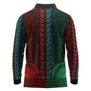 Green-red Dashiki and Tapa Pattern Long Sleeve Polo Shirt Africa-Polynesia Together Culture