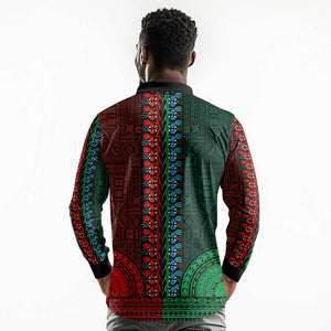 Green-red Dashiki and Tapa Pattern Long Sleeve Polo Shirt Africa-Polynesia Together Culture