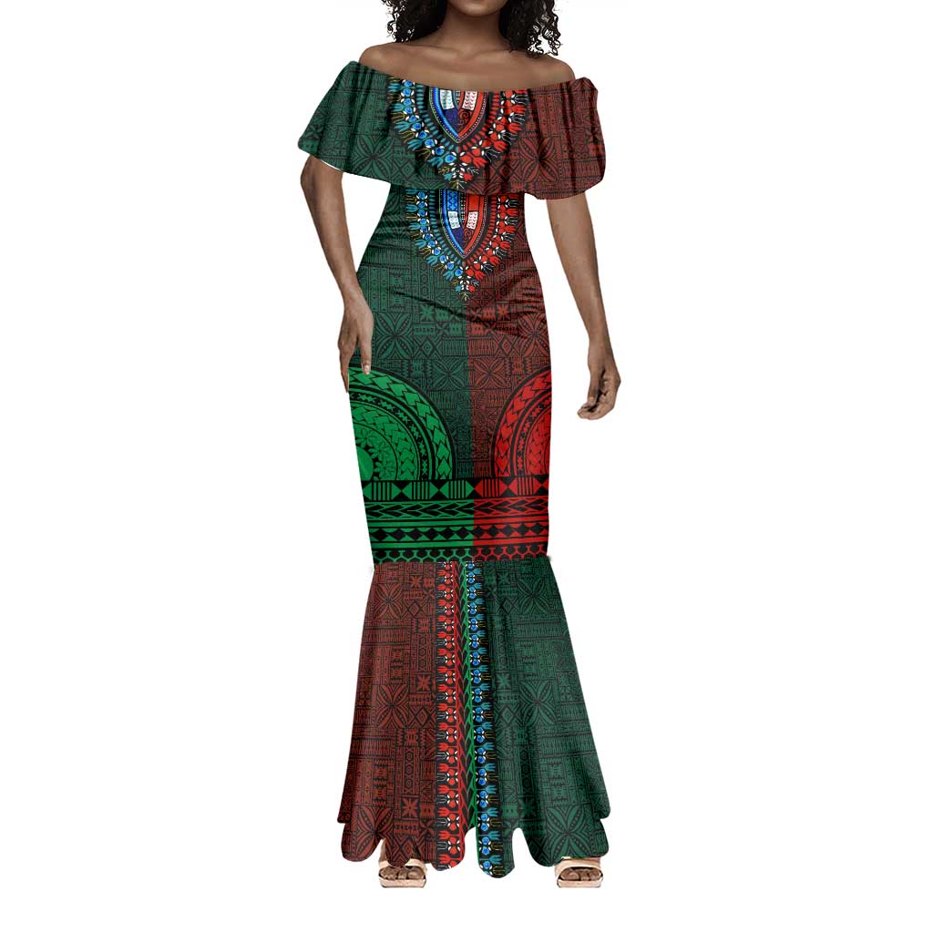 Green-red Dashiki and Tapa Pattern Mermaid Dress Africa-Polynesia Together Culture