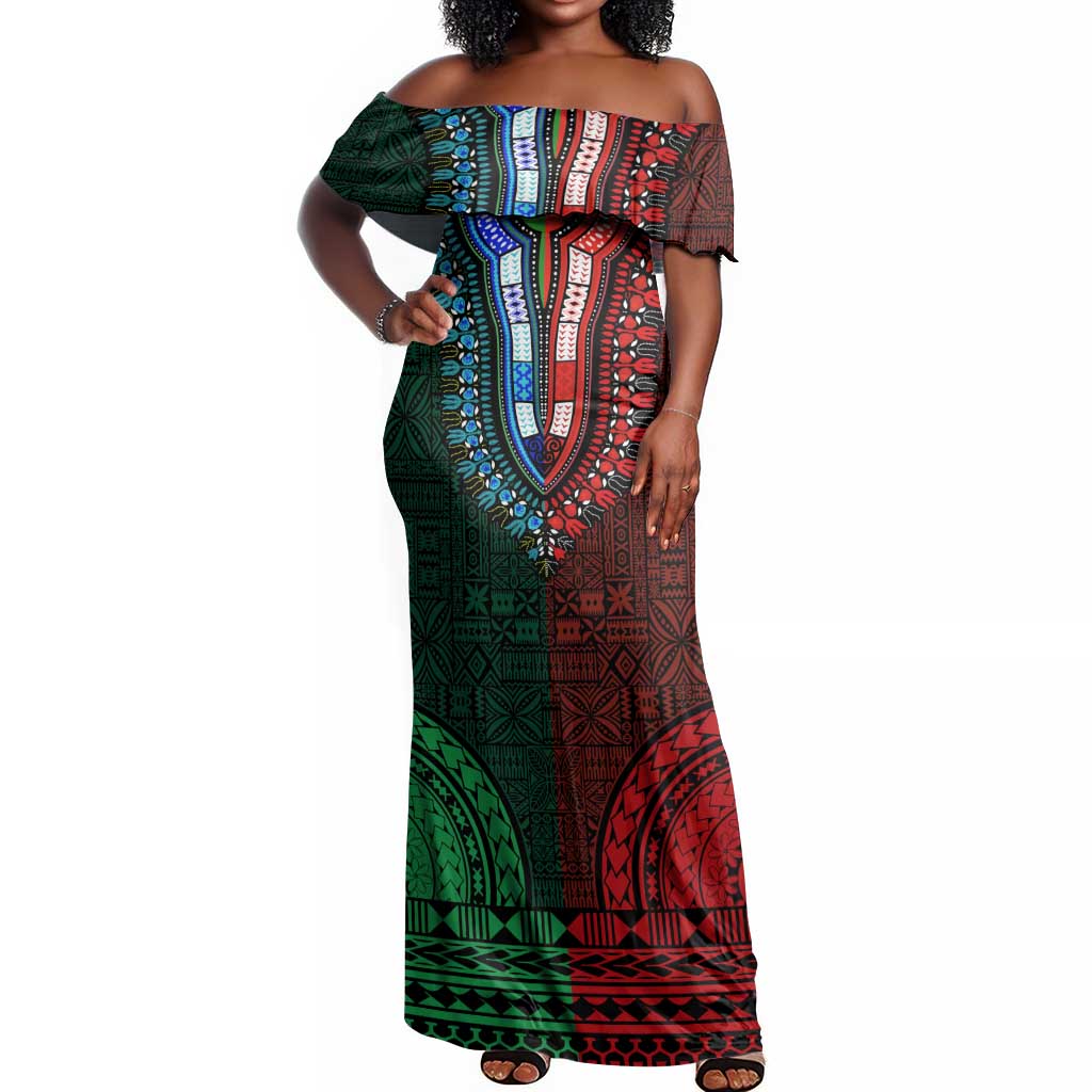 Green-red Dashiki and Tapa Pattern Off Shoulder Maxi Dress Africa-Polynesia Together Culture