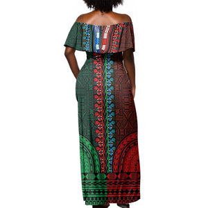 Green-red Dashiki and Tapa Pattern Off Shoulder Maxi Dress Africa-Polynesia Together Culture