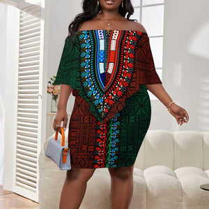 Green-red Dashiki and Tapa Pattern Off Shoulder Short Dress Africa-Polynesia Together Culture