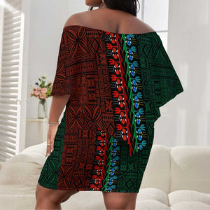 Green-red Dashiki and Tapa Pattern Off Shoulder Short Dress Africa-Polynesia Together Culture