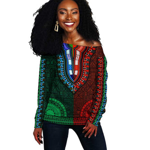 Green-red Dashiki and Tapa Pattern Off Shoulder Sweater Africa-Polynesia Together Culture